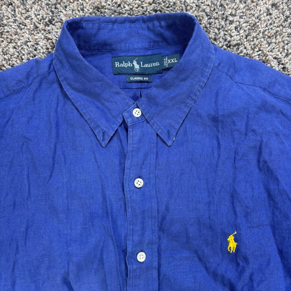 Ralph Lauren Mens XXL Shirt Classic Fit Linen Blue Short Sleeve Yellow Pony Logo